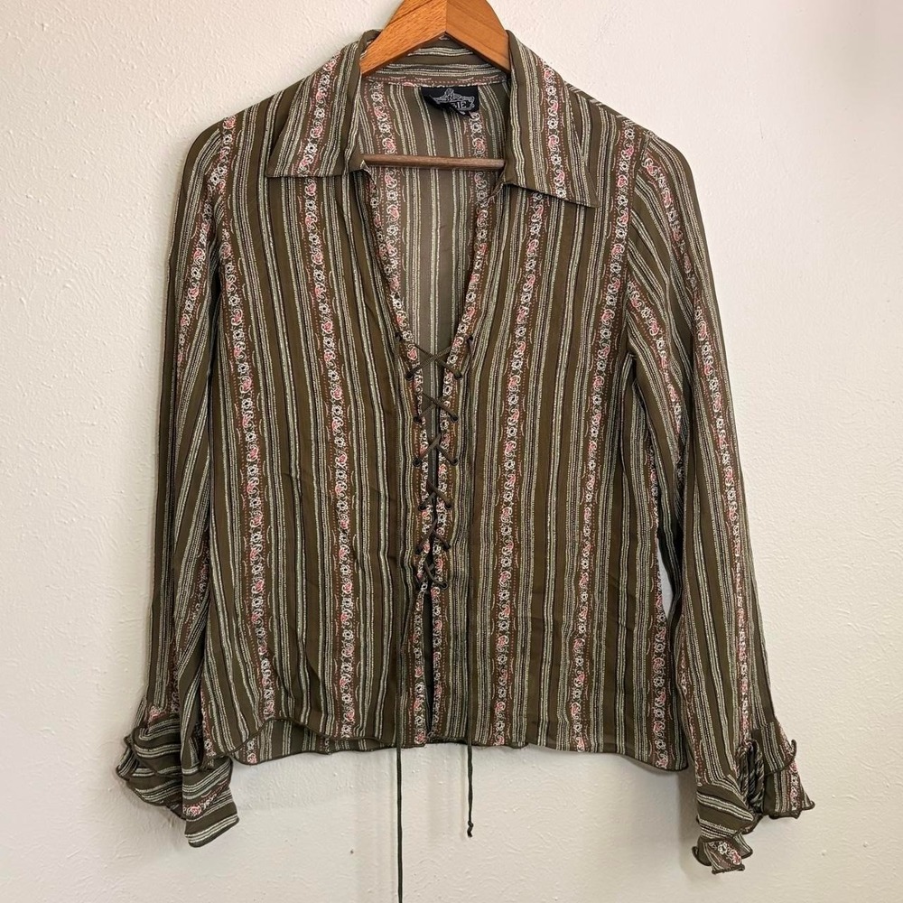 Angie Women's Blouse SM Boho Flowy Groovy Lace‎ Up Y2K Sheer